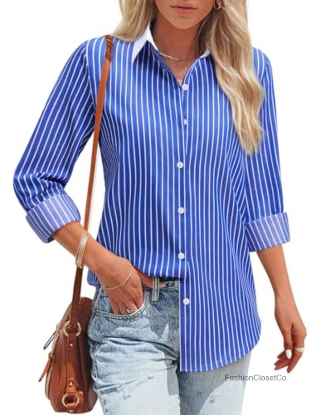 Women's Striped Button Down Shirt Collared Long Sleeve Cotton Blend Blouse